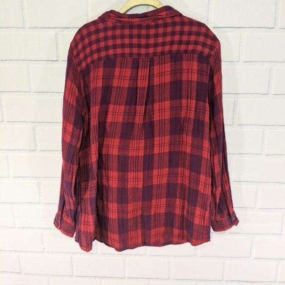 Eddie Bauer Red/Purple Plaid Half Button Down Shirt - Picture 2 of 4